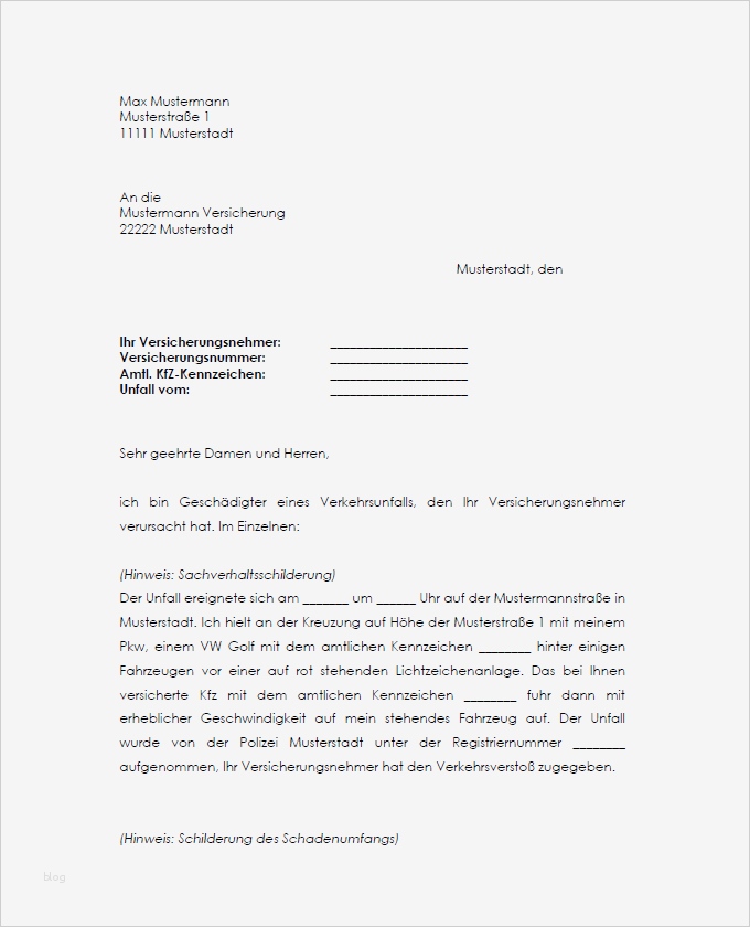 Schreiben Versicherung Schadensregulierung Vorlage Einzigartig Muster Schreiben An Kfz Versicherung Zum sofort