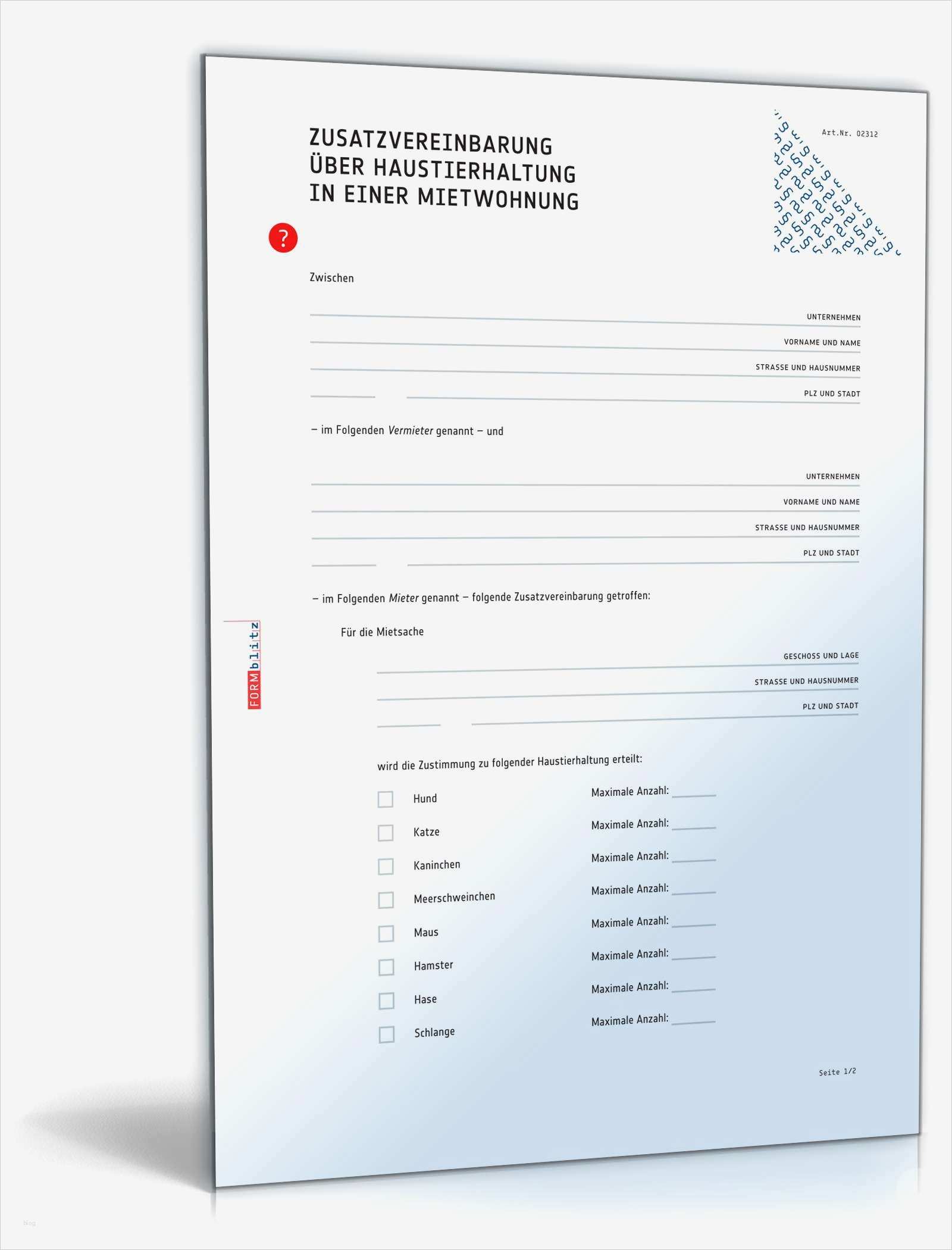 Schriftliche Vereinbarung Vorlage Erstaunlich Zusatzvereinbarung Haustierhaltung