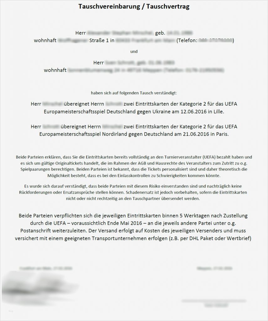 Schriftliche Vereinbarung Vorlage Luxus Muster Vertrag Ticket Tausch Tauschvereinbarung