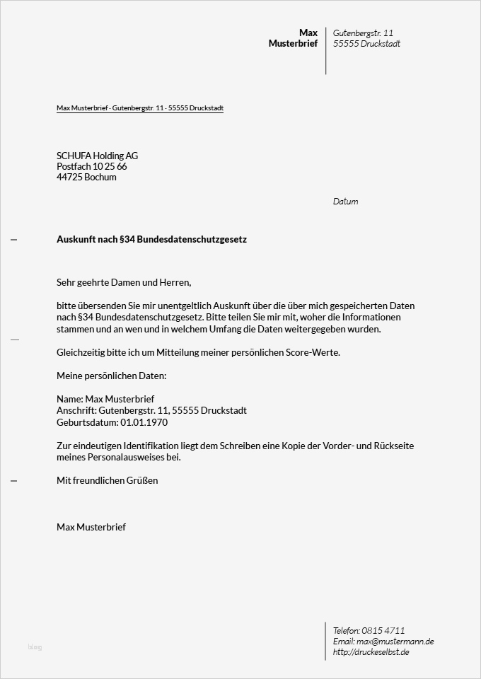 Schufa Auskunft Vorlage Cool Drucke Selbst Musterbrief Für Eine Kostenlose Schufa Auskunft
