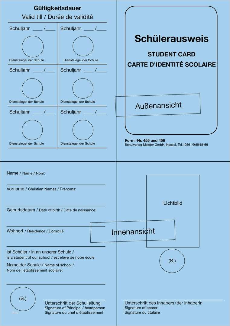 Schülerausweis Vorlage Schön Schülerausweis form Nr 458