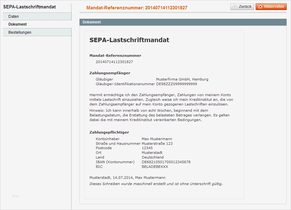 SEPA Lastschrift für Magento Verwaltung von SEPA