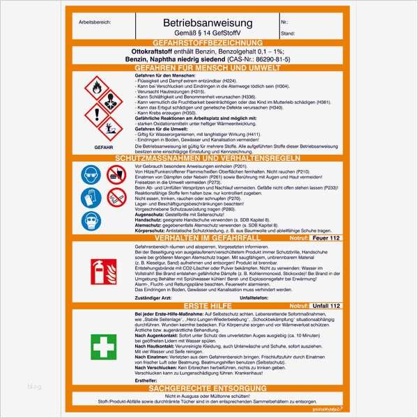 Sicherheitsunterweisung Lager Vorlage Beste Gefahrstoff Betriebsanweisung Ottokraftstoff Benzin