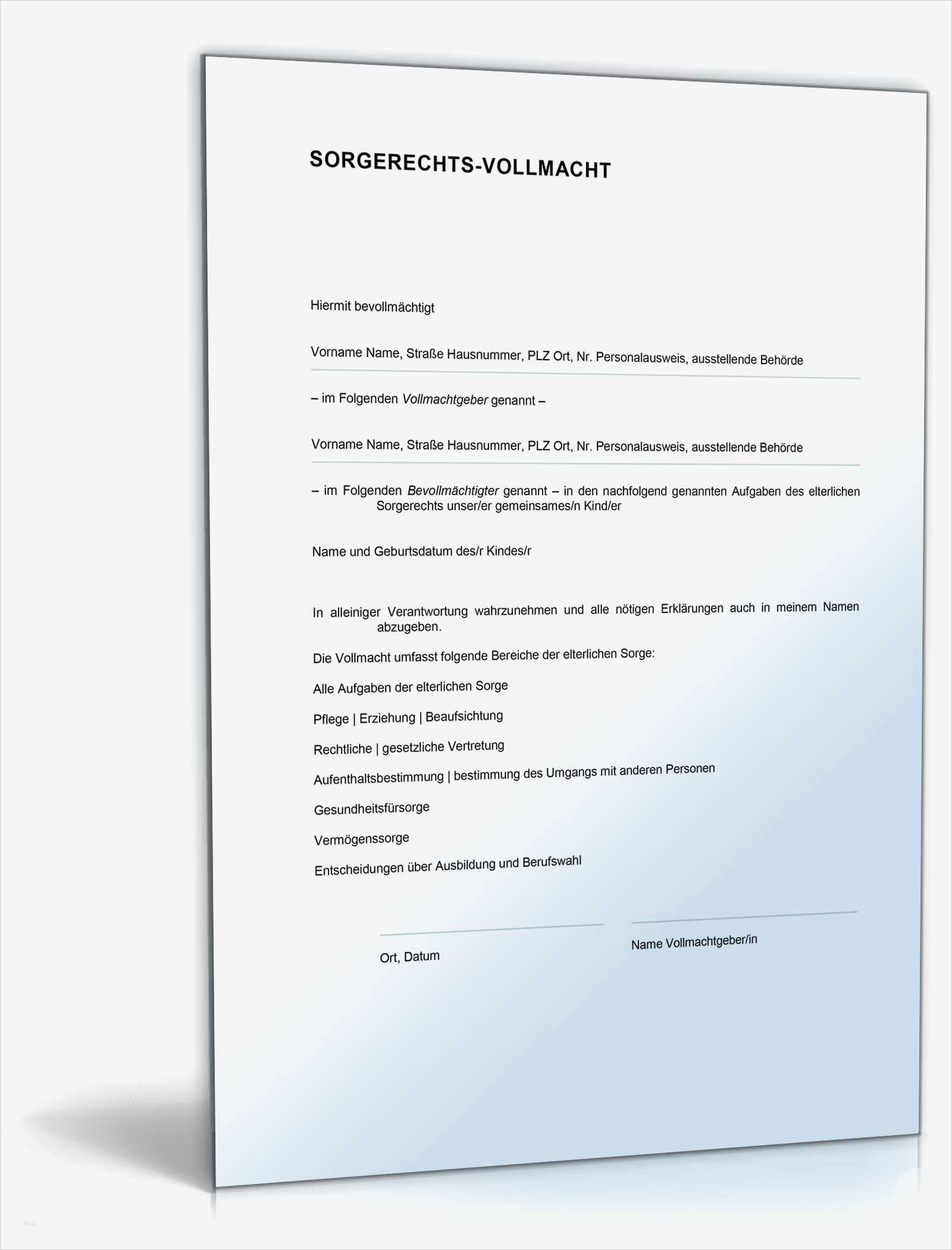Sorgerechtsverfügung Vorlage Süß Vollmacht Zur Ausübung Der Elterlichen sorge • De Vorlage