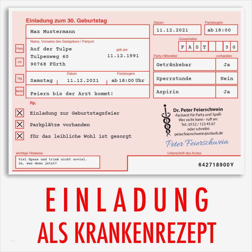Spaß Zeugnis Vorlage Cool Einladungskarten Zum Geburtstag Als ärztliches Rezept Arzt