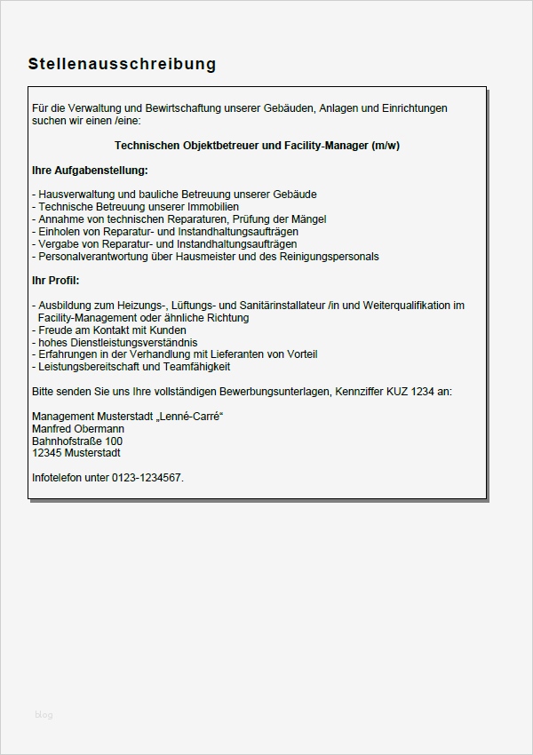 Stellenanzeige Gastronomie Vorlage Fabelhaft Muster Bewerbung Facility Manager In Gekündigt