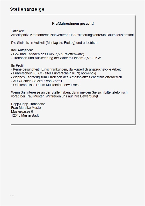 Stellenanzeige Vorlage Einzigartig Bewerbung Berufskraftfahrer Berufseinsteiger sofort