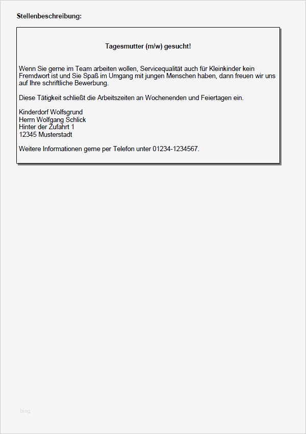 Stellenanzeige Vorlage Inspiration Bewerbung Tagesmutter Berufseinsteiger sofort Download