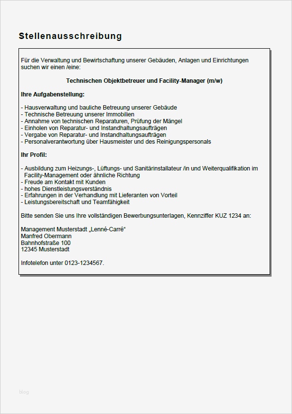 Stellenausschreibung Vorlage Fabelhaft Bewerbung Facility Manager Berufseinsteiger sofort