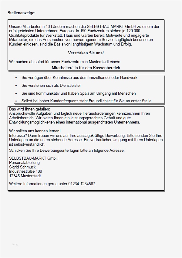 Stellenausschreibung Vorlage Genial Bewerbung Kassierer Ungekündigt Berufserfahrung