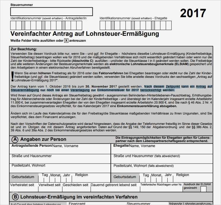 Steuererklärung Vorlage Cool Vereinfachter Antrag Auf Lohnsteuer Ermäßigung 2017 Pdf