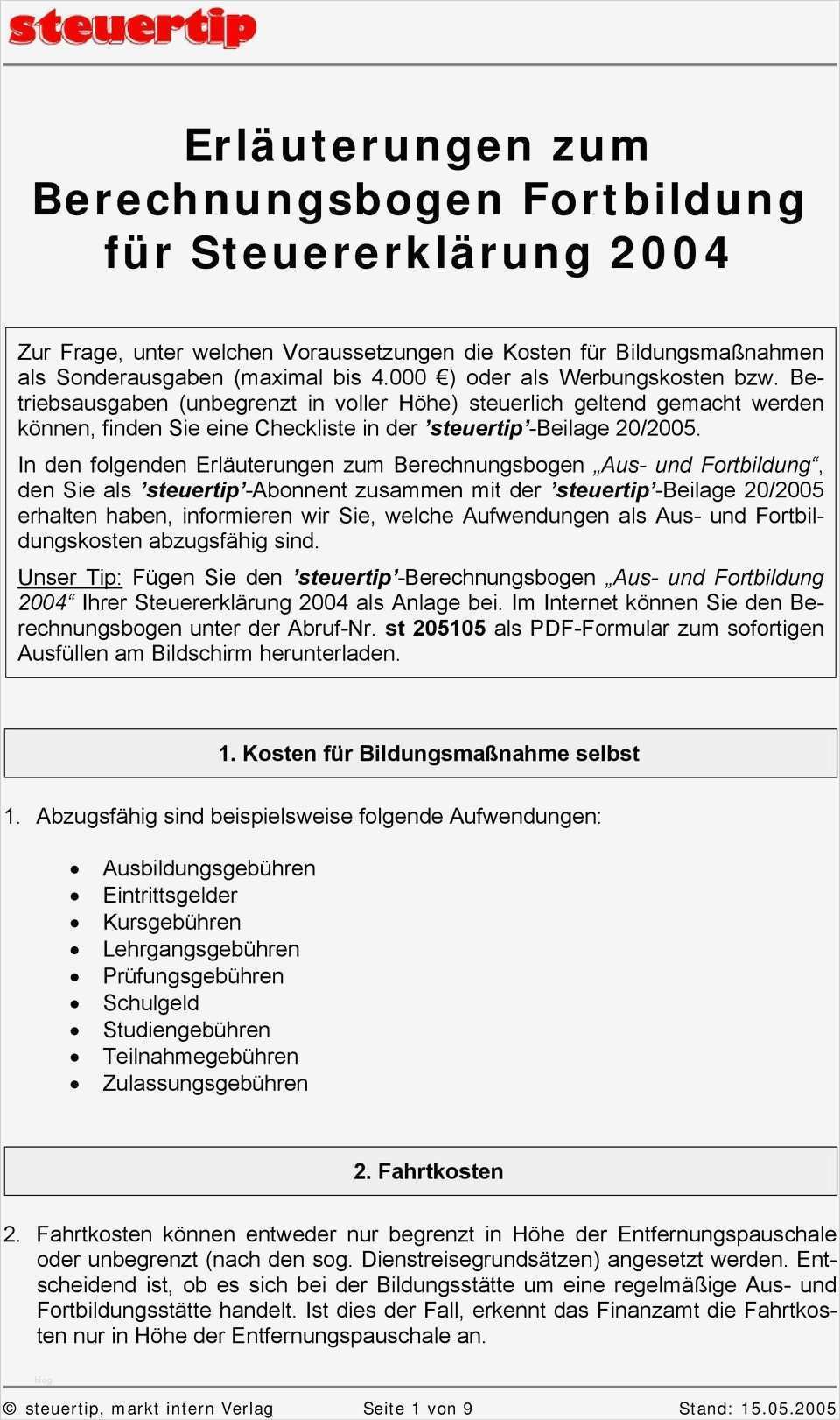 Steuererklärung Vorlage Schön Erläuterungen Zum Berechnungsbogen fortbildung Für