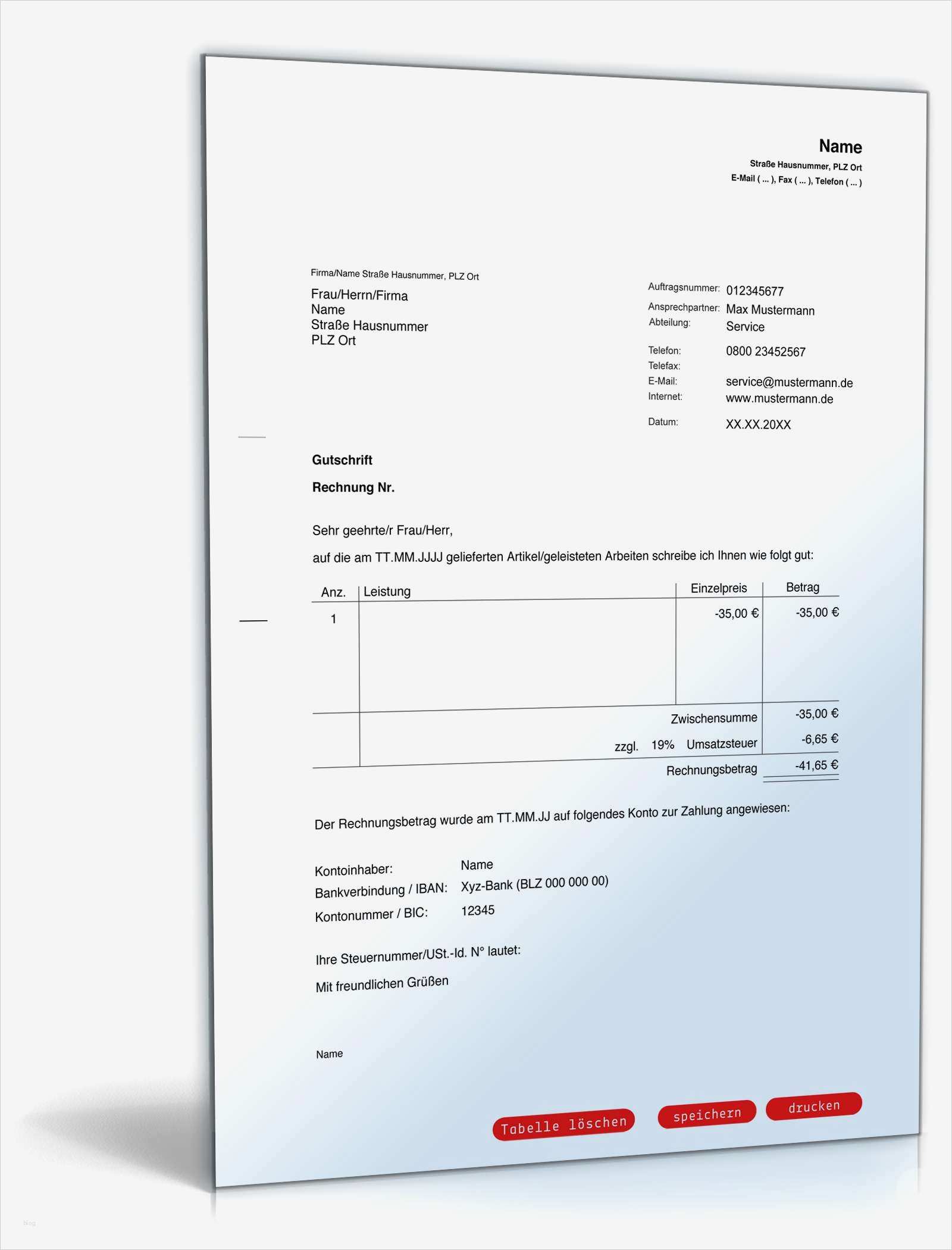 Stornierung Hotel Vorlage Neu Gutschrift