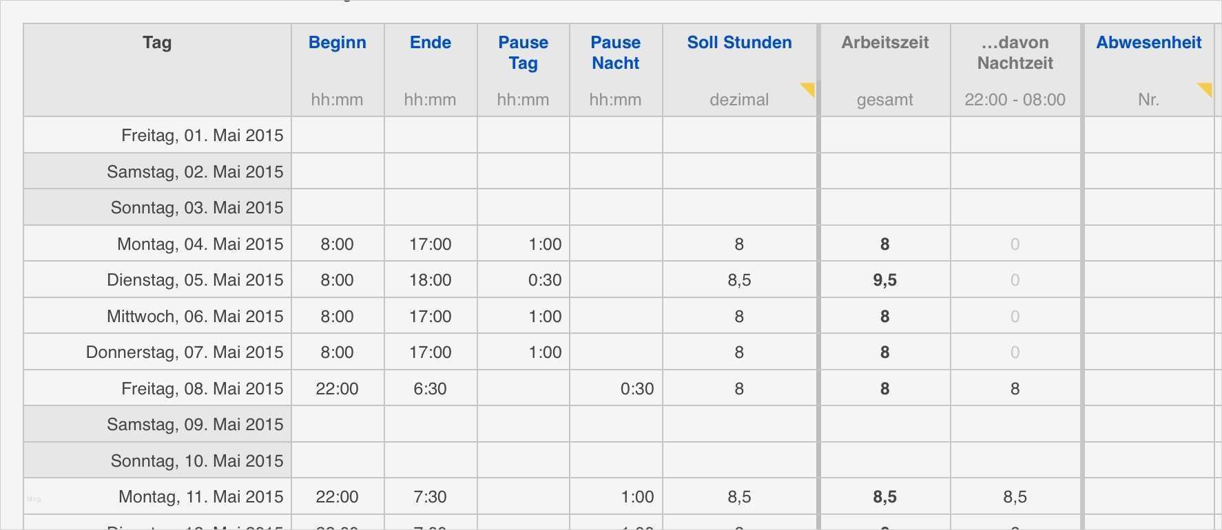 Stundenerfassung Vorlage Neu Numbers Vorlage Arbeitszeit Zeiterfassung 2015