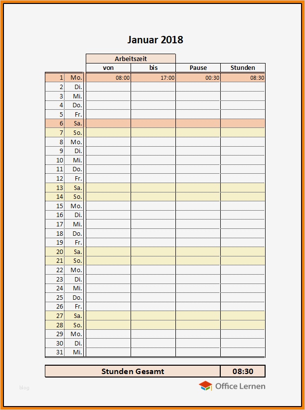 Stundenzettel Vorlage 2018 Luxus 6 Zeiterfassung Excel