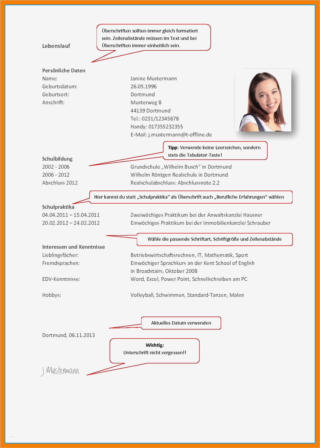 6 lebenslauf schülerpraktikum 9 klasse