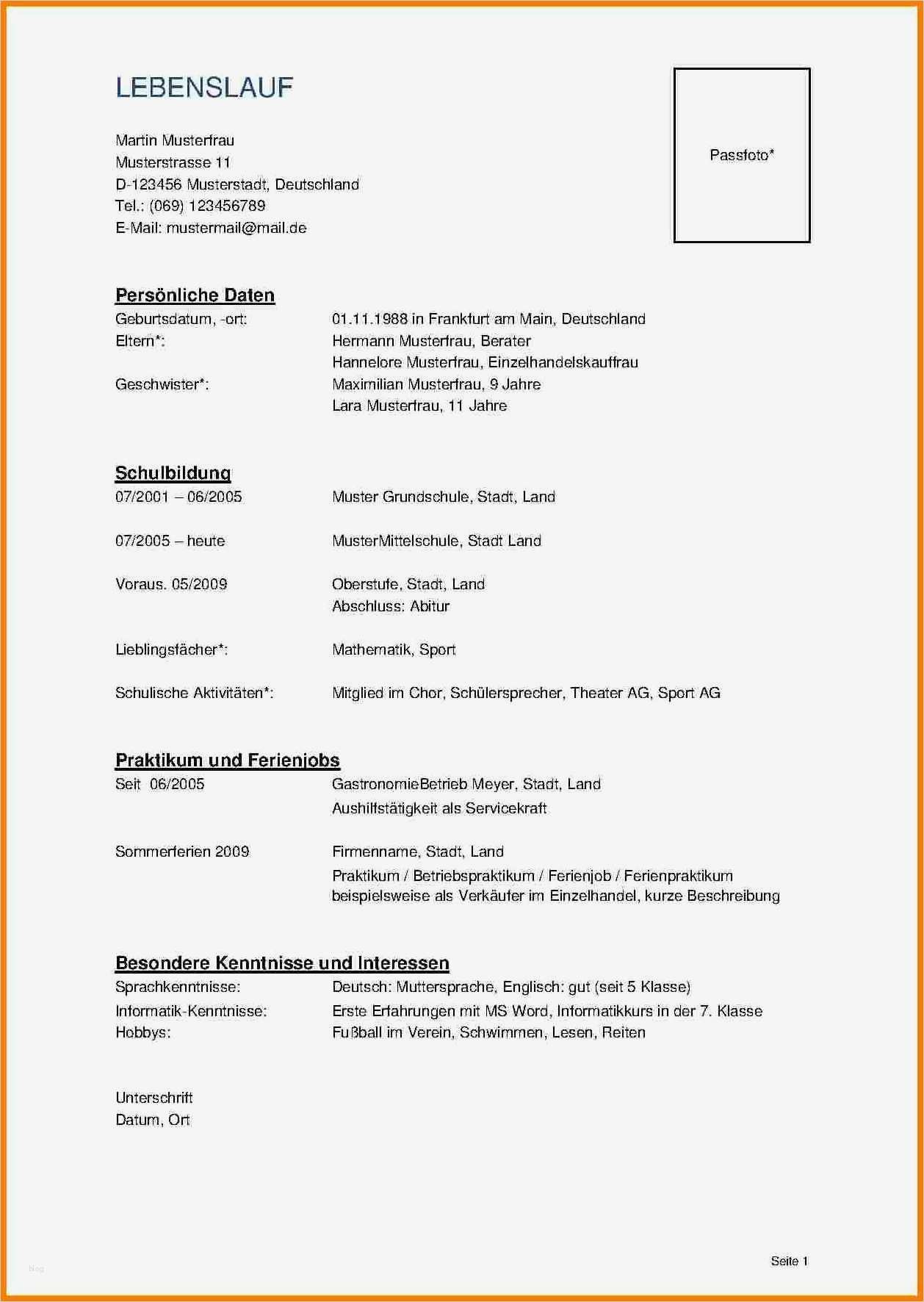 Tabellarischer Lebenslauf Schüler Vorlage Erstaunlich 6 Muster Lebenslauf Schüler