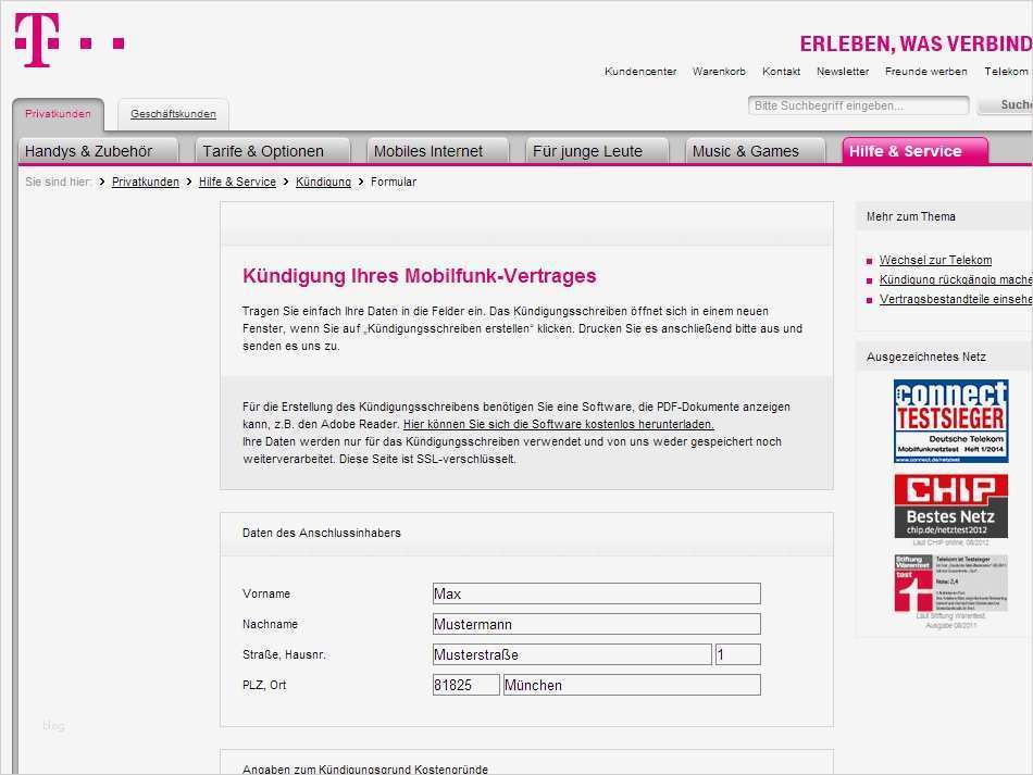 Telekom Kündigung Vorlage Zum Ausdrucken Best Of Telekom Mobilfunkvertrag Kündigen Webformular Web App