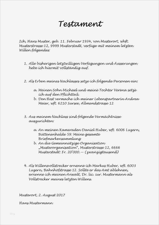 Testament Vorlage Pdf Schön Testament Vorlage Und Muster Schweiz Kostenlos Herunterladen