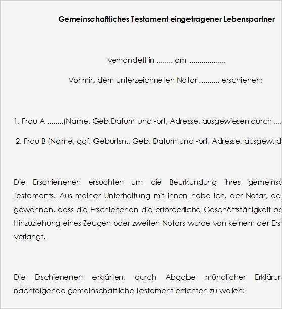 Testament Vorlagen Lebenspartner Neu Gemeinschaftliches Testament Ein Ragener Lebenspartner