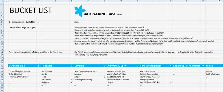 To Do Liste Vorlage Excel Kostenlos Beste Bucket List Backpackingbase
