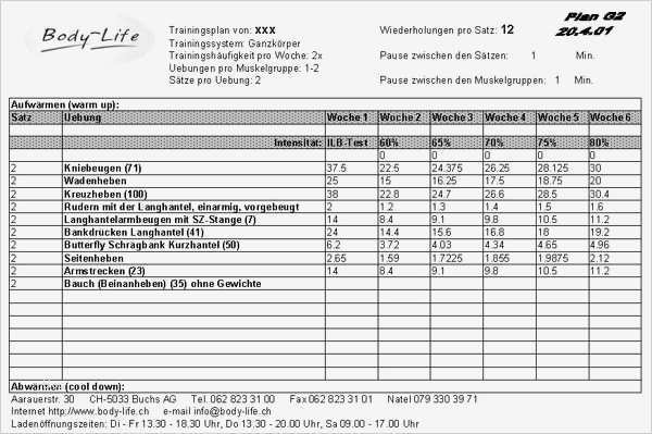Trainingsplan Vorlage Süß Body Life Gmbh Ein Muster Trainingsplan