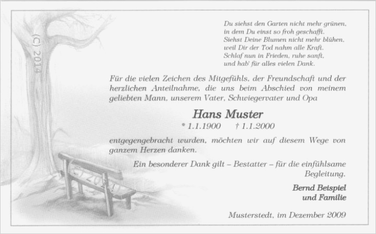 Trauerkarten Danksagung Vorlagen Schön Danksagungskarte Beerdigung Bank Mit Baum Trauerkarte