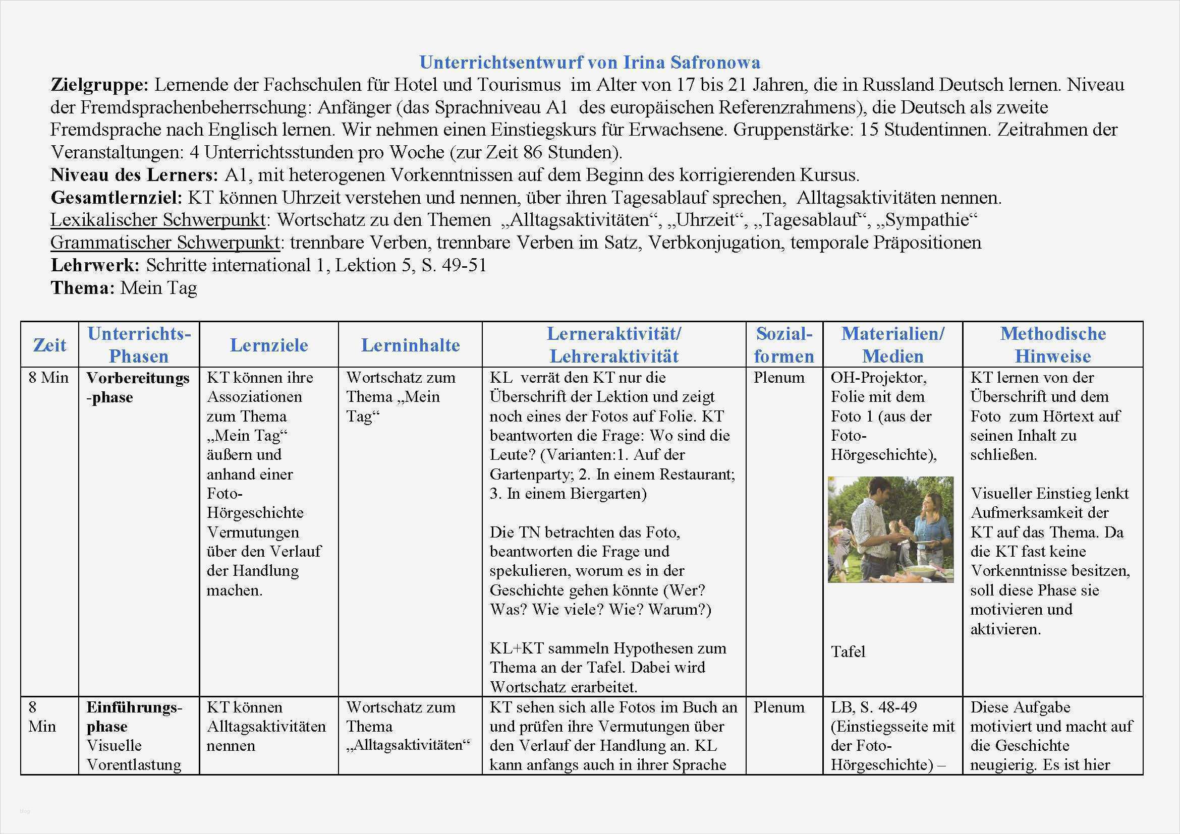 Unterrichtsentwurf Vorlage Hübsch Mein Tag A1 Wustrow