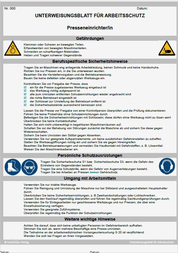 Unterweisung Arbeitssicherheit Vorlage Best Of Unterweisung Presseneinrichter In sofort Download