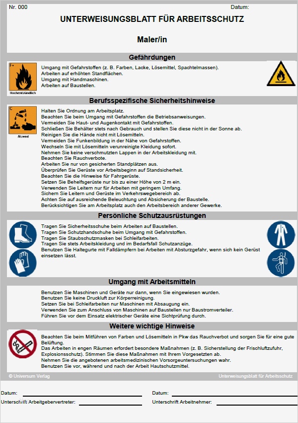 Unterweisung Arbeitssicherheit Vorlage Erstaunlich Unterweisung Maler In sofort Download