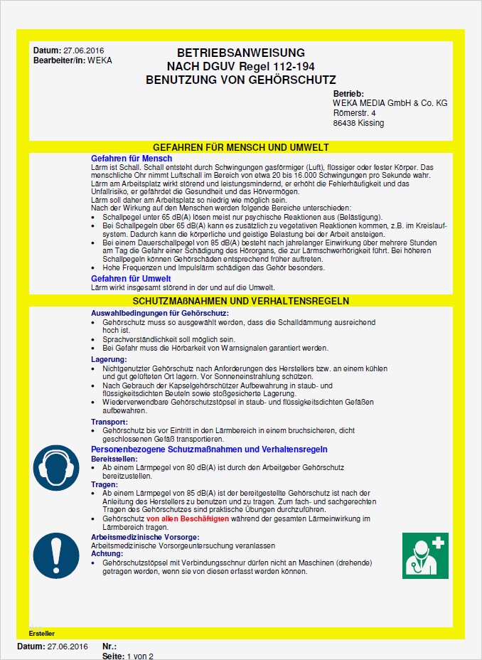 Unterweisung Gefahrstoffe Vorlage Erstaunlich Betriebsanweisung Gehörschutz