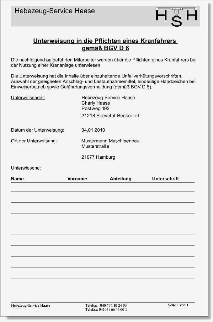 Unterweisungsnachweis Vorlage Erstaunlich Hebezeug Service Haase Unterweisungen