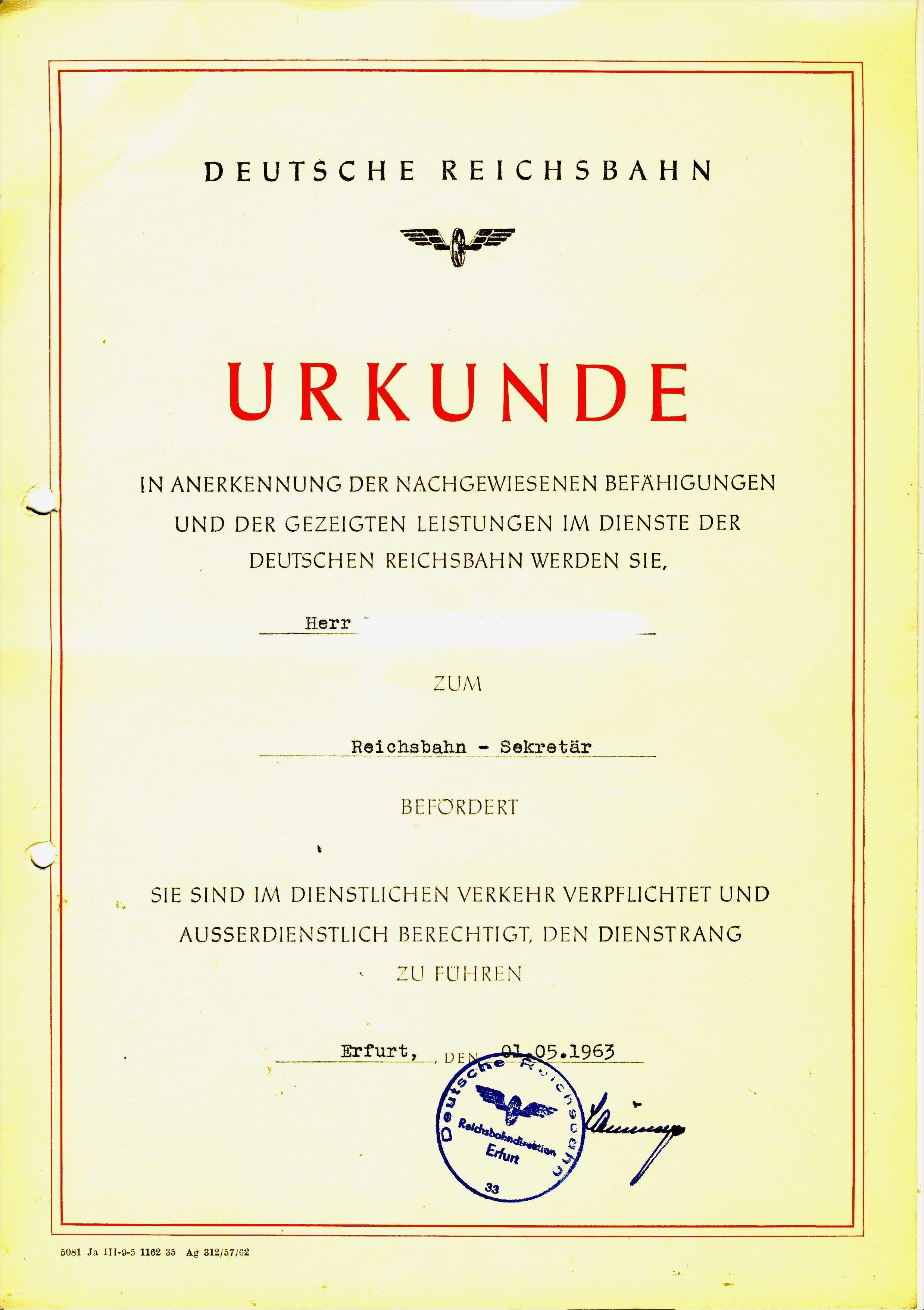 Urkunde Vorlage Gut Deutsche Reichsbahn Ddr