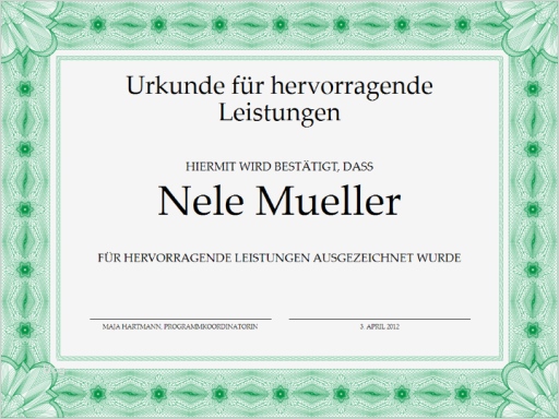 Urkunde Vorlage Word Elegant Urkunde Für Hervorragende Leistungen Grün