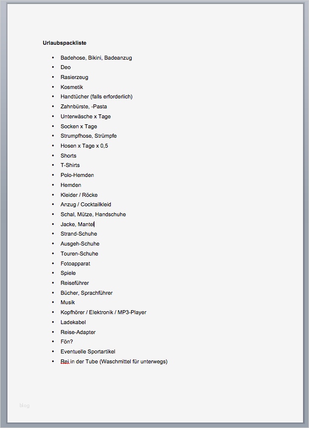 Urlaubsliste Vorlage Neu Packliste