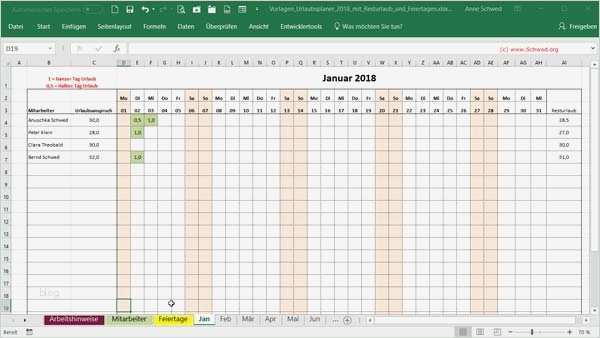 Urlaubsplaner 2018 Excel Vorlage Kostenlos Genial Kostenloser Excel Urlaubsplaner 2018 Mit Resturlaub Und