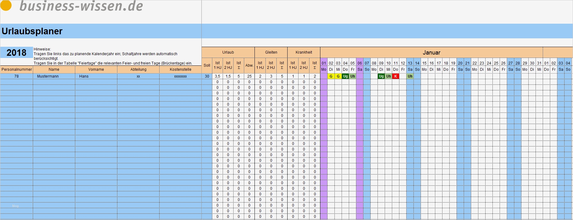 Excel Urlaubsplaner 2018 Sofort Download