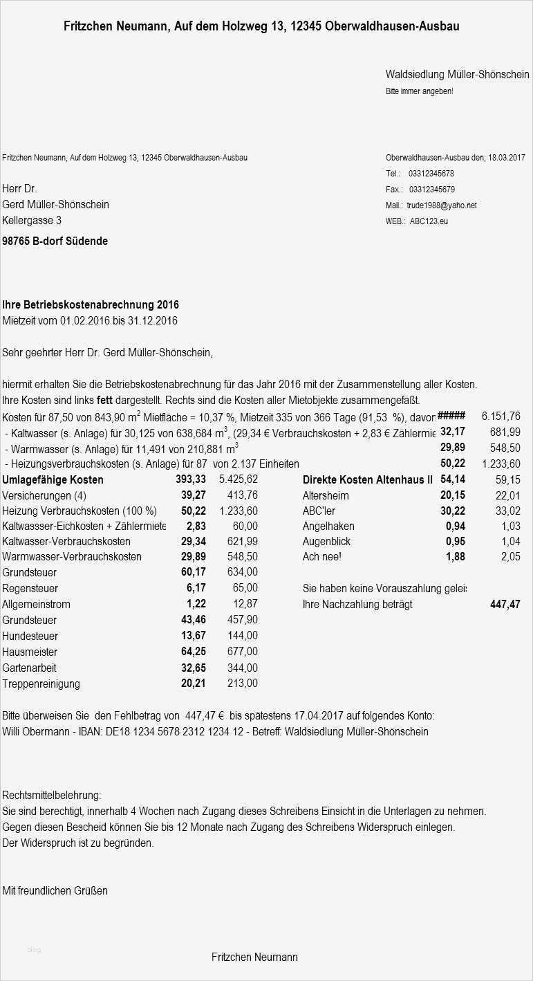 Vermieter Nebenkostenabrechnung Vorlage Inspiration Anschreiben Betriebskostenabrechnung
