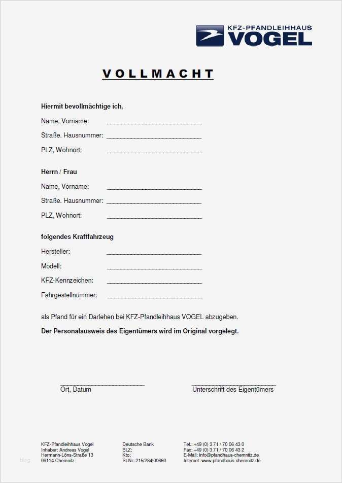 Vollmacht Kfz Anmeldung Vorlage Neu formulare Kfz Pfandleihhaus Vogel