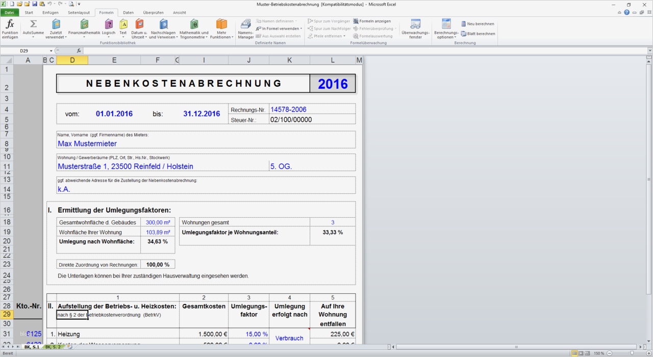 Vorlage Berechnung 1 Regelung Unternehmer Cool Muster Betriebskostenabrechnung Excel Vorlagen Shop