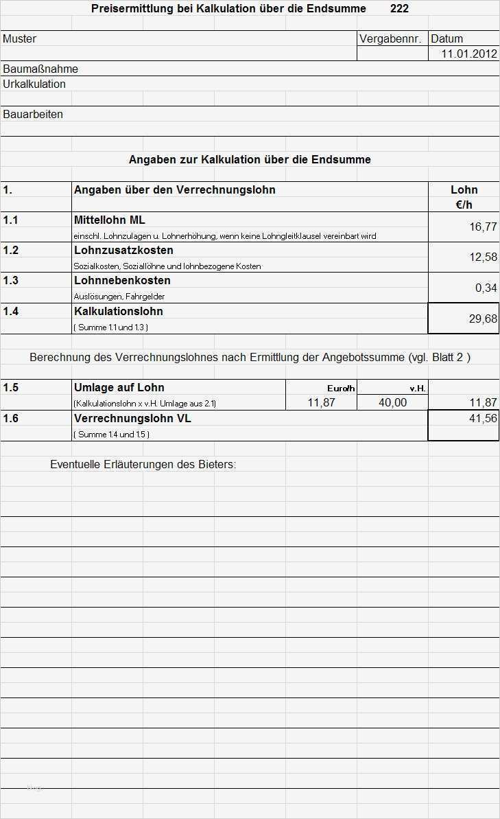 Vorlage Berechnung 1 Regelung Unternehmer Erstaunlich Baukalkulation Urkalkulation Vob Kanalbau Straßenbau