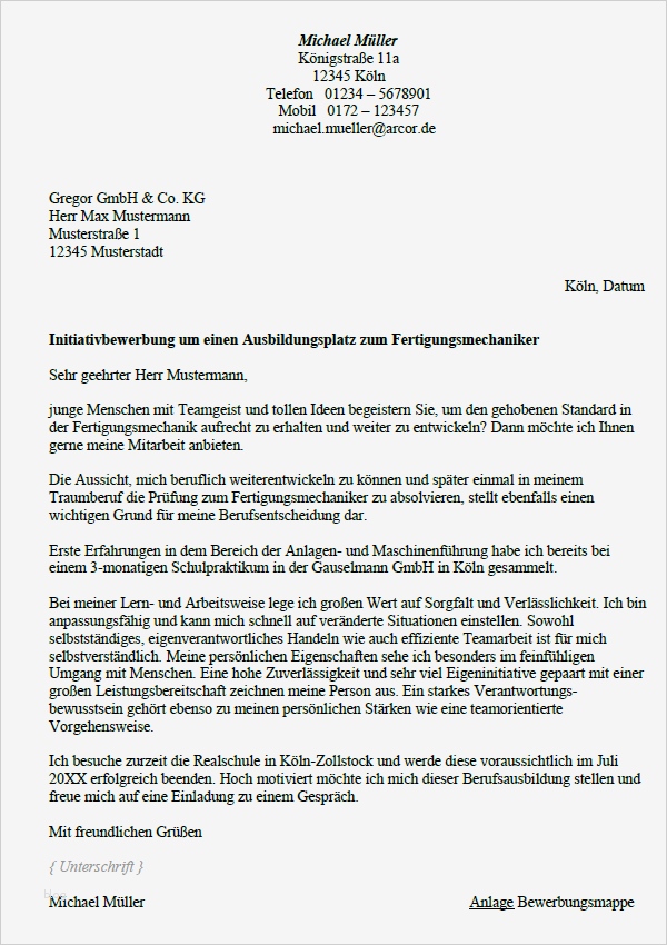 Vorlage Bewerbung Ausbildung Einzigartig Bewerbung Fertigungsmechaniker Ausbildung sofort