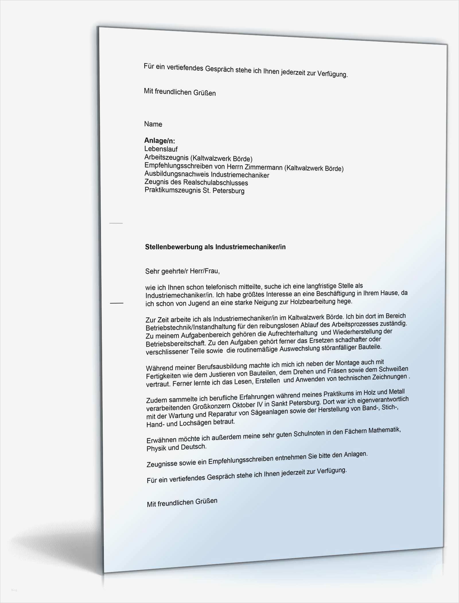 Vorlage Bewerbung Ausbildung Industriemechaniker Beste Anschreiben Bewerbung Industriemechaniker