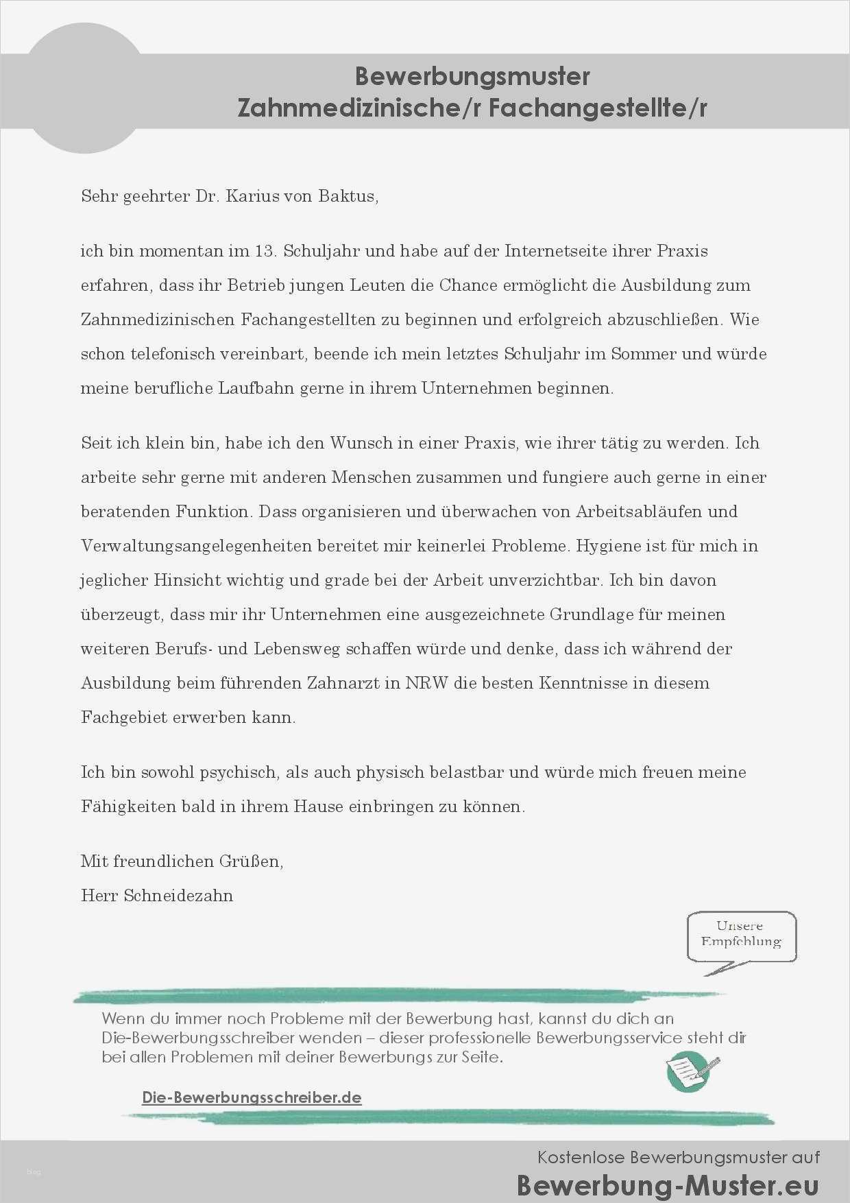 Vorlage Bewerbung Ausbildung Wunderbar Bewerbungsmuster Zahnmedizinische R Fachangestellte R