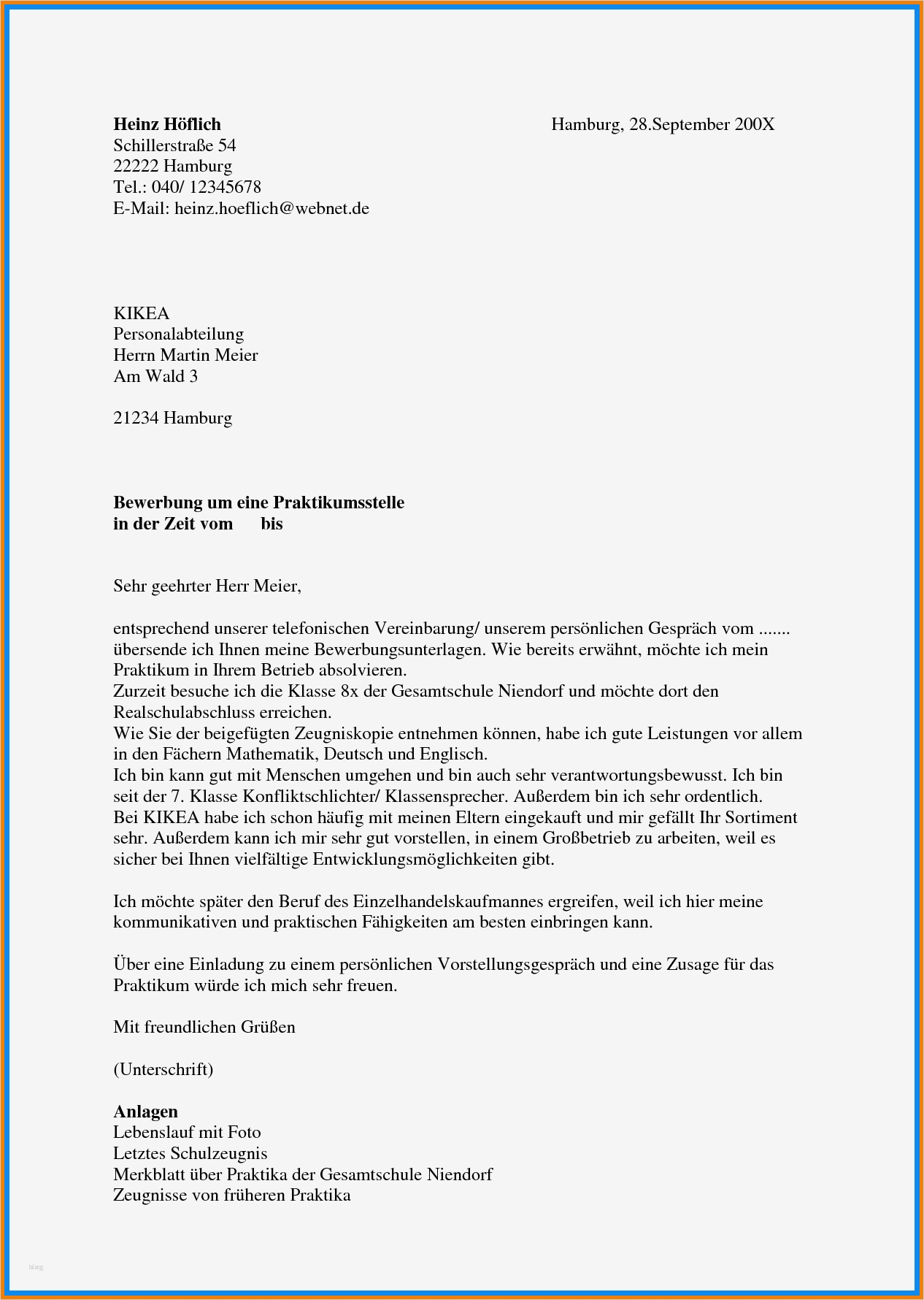 Vorlage Bewerbung Schülerpraktikum Fabelhaft 6 Praktikum Bewerbung