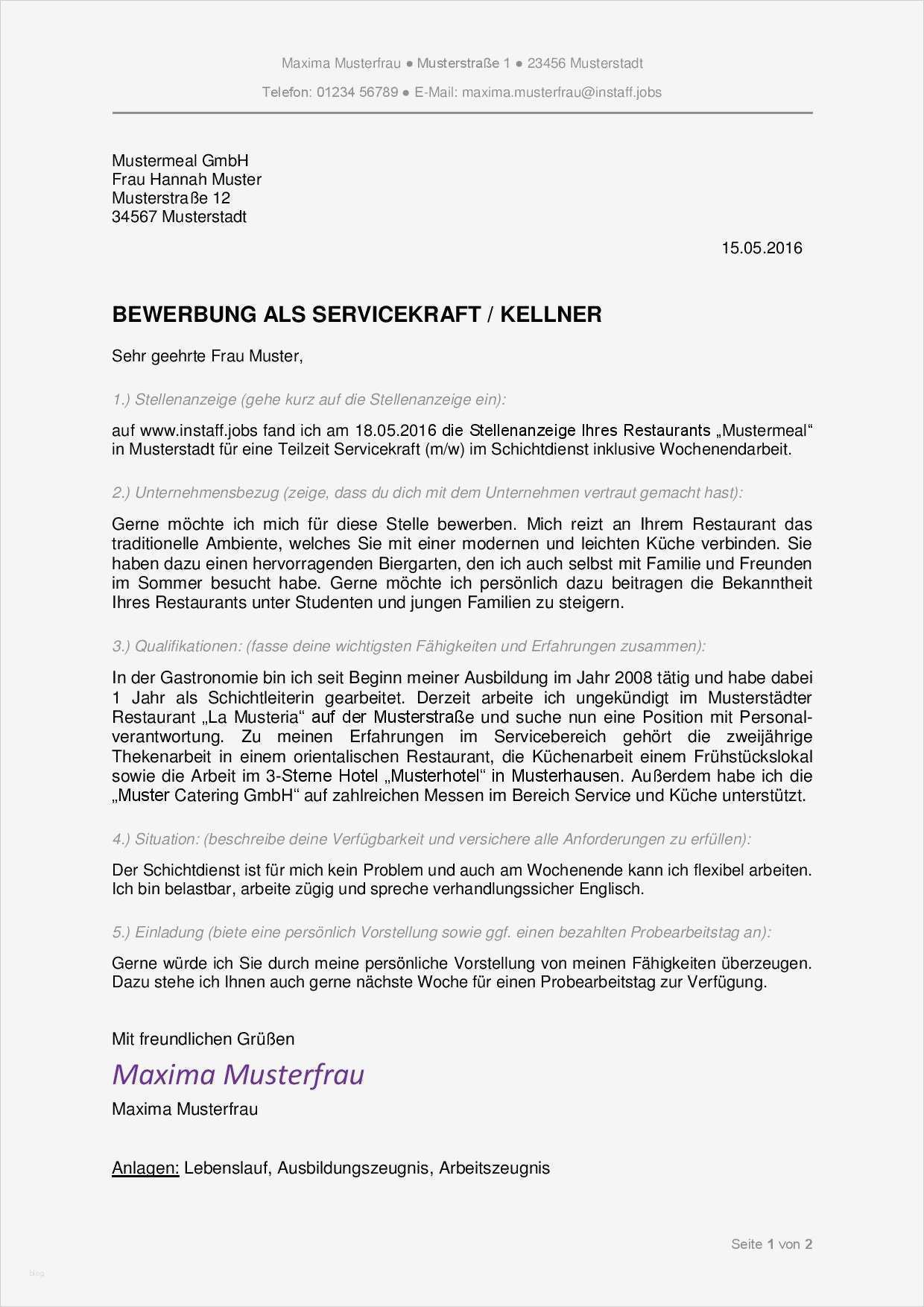 Vorlage Bewerbung Servicekraft Wunderbar Muster Bewerbungsschreiben