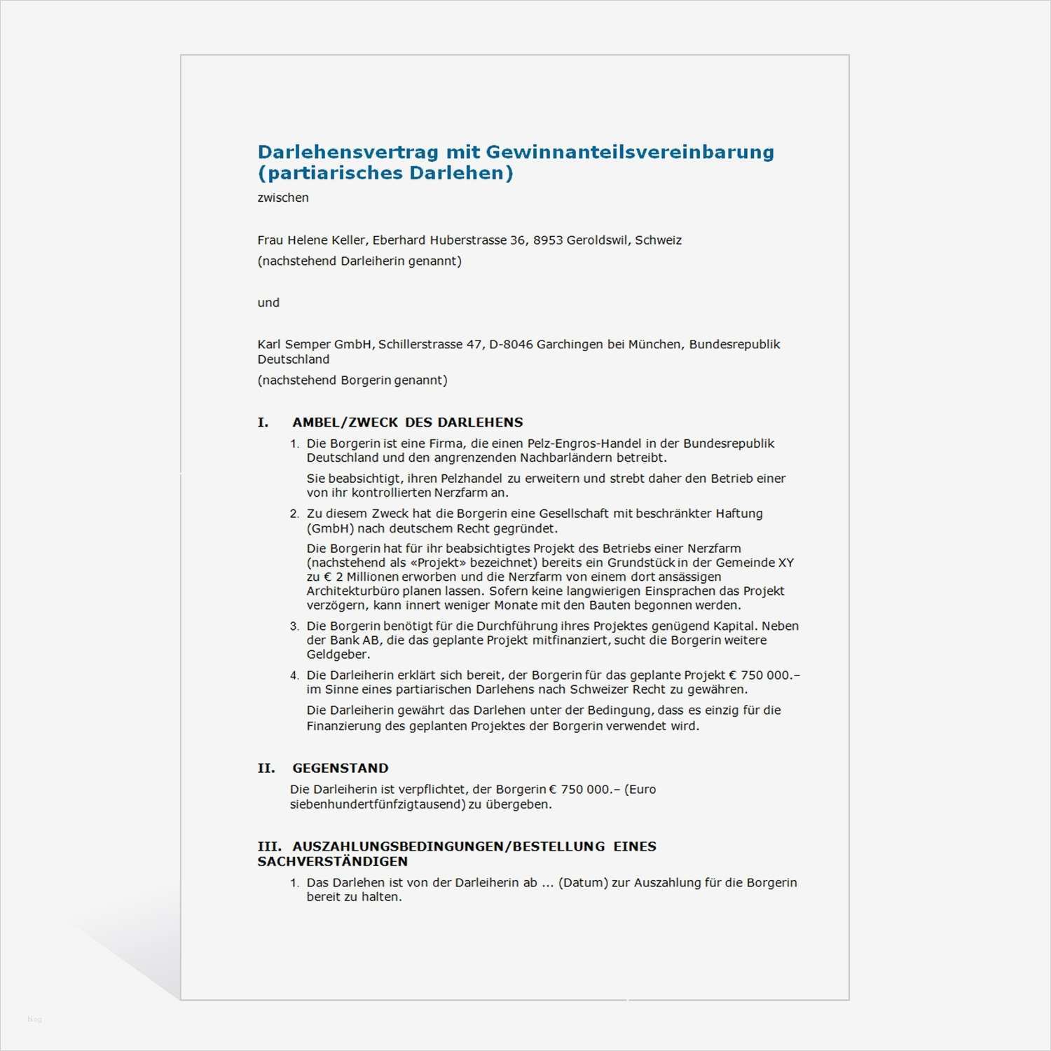 Vorlage Darlehensvertrag Best Of Muster Darlehensvertrag Mit Gewinnanteilsvereinbarung