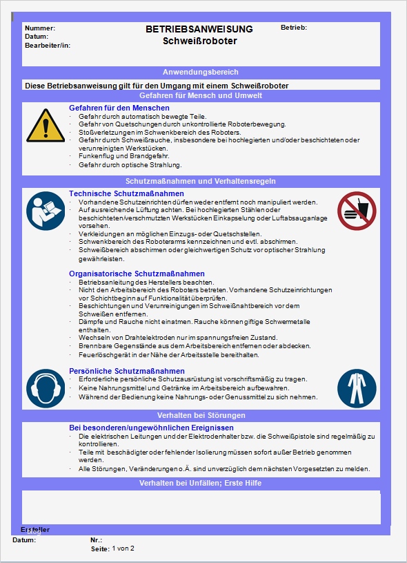 Vorlage Elektrotechnische Unterweisung Schön Muster Betriebsanweisung Schweißroboter