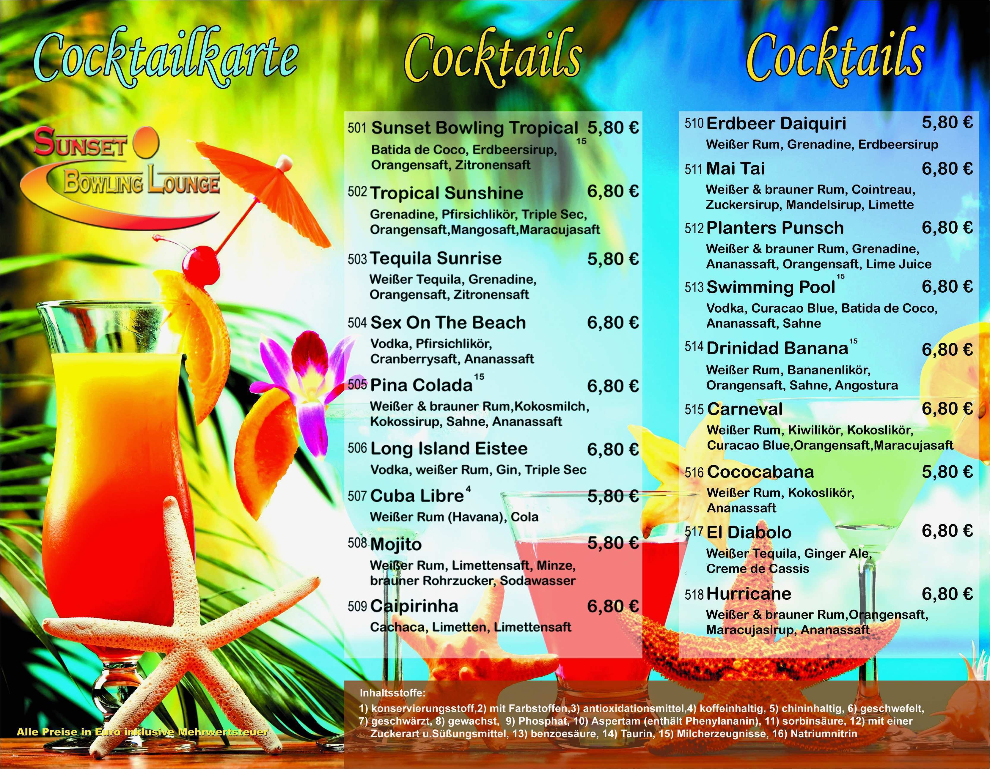 Vorlage Getränkekarte Beste Sunset Bowling Lounge Speisen & Getränke
