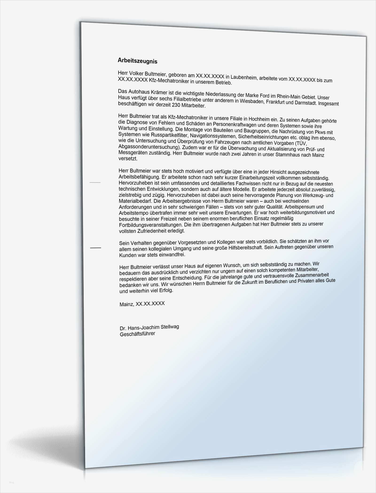 Vorlage Gutes Arbeitszeugnis Best Of Arbeitszeugnis Kfz Mechatroniker Note Eins